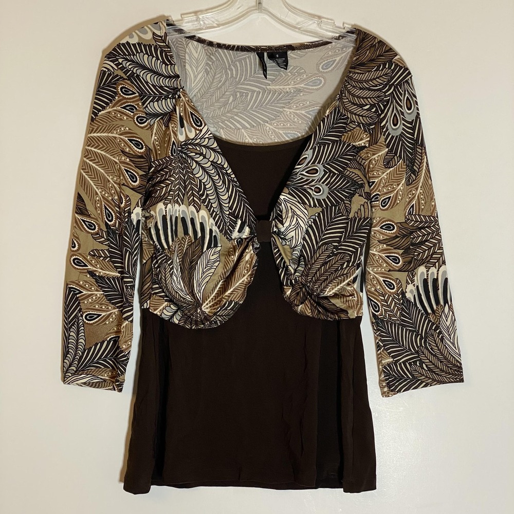 New‎ Directions Shirt Womens Small Brown Feather Print 3/4 Sleeve Tunic